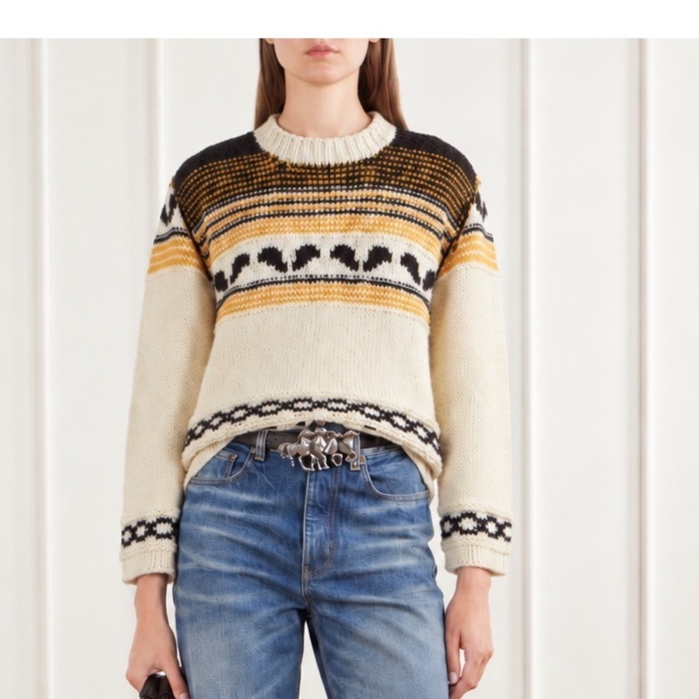 Vintage Handmade in Chile Wool Knit Sweater Geometric Pattern Cream Brown Medium